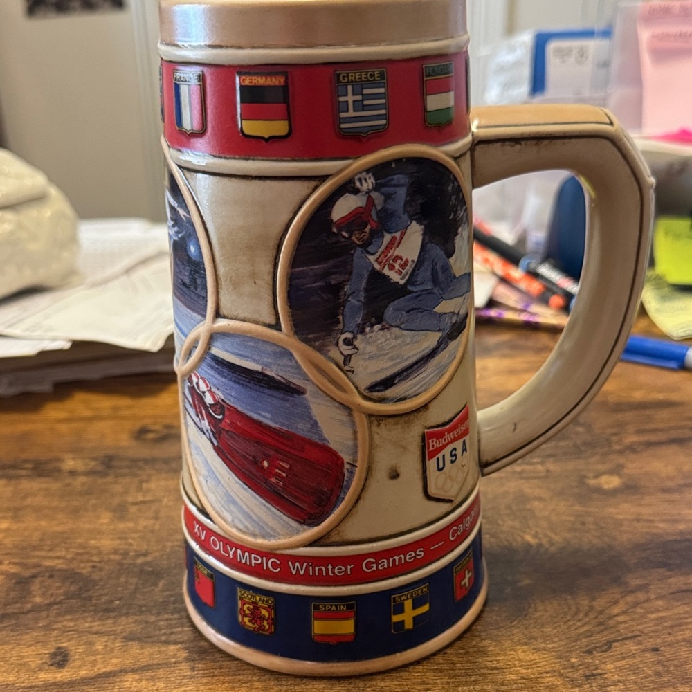 Budweiser Winter Games Ceramic Stein with Skier and Flags